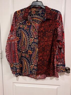 intro. Paisley Patchwork Button-Up Blouse in Navy, Red, Gold